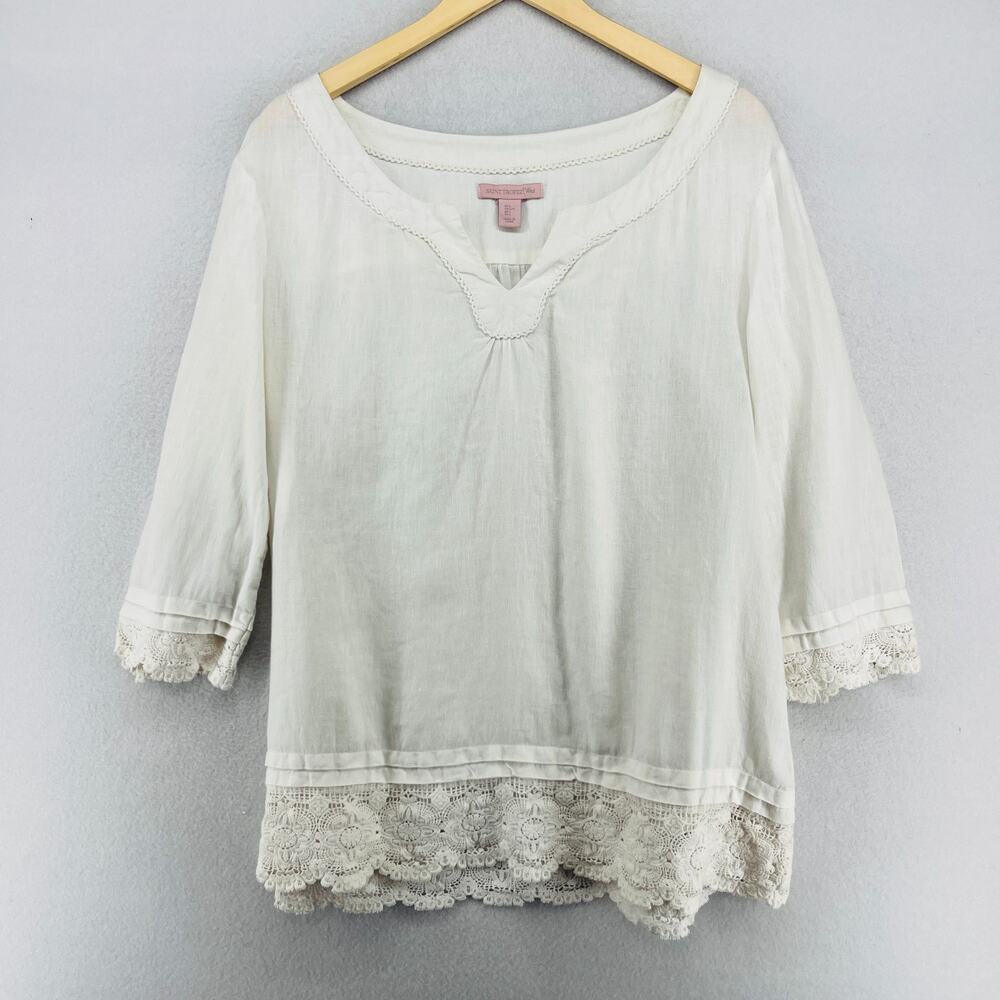SAINT TROPEZ WEST Top Women L 100% Linen Lace Crochet Hem Tunic 3/4 Sleeve White